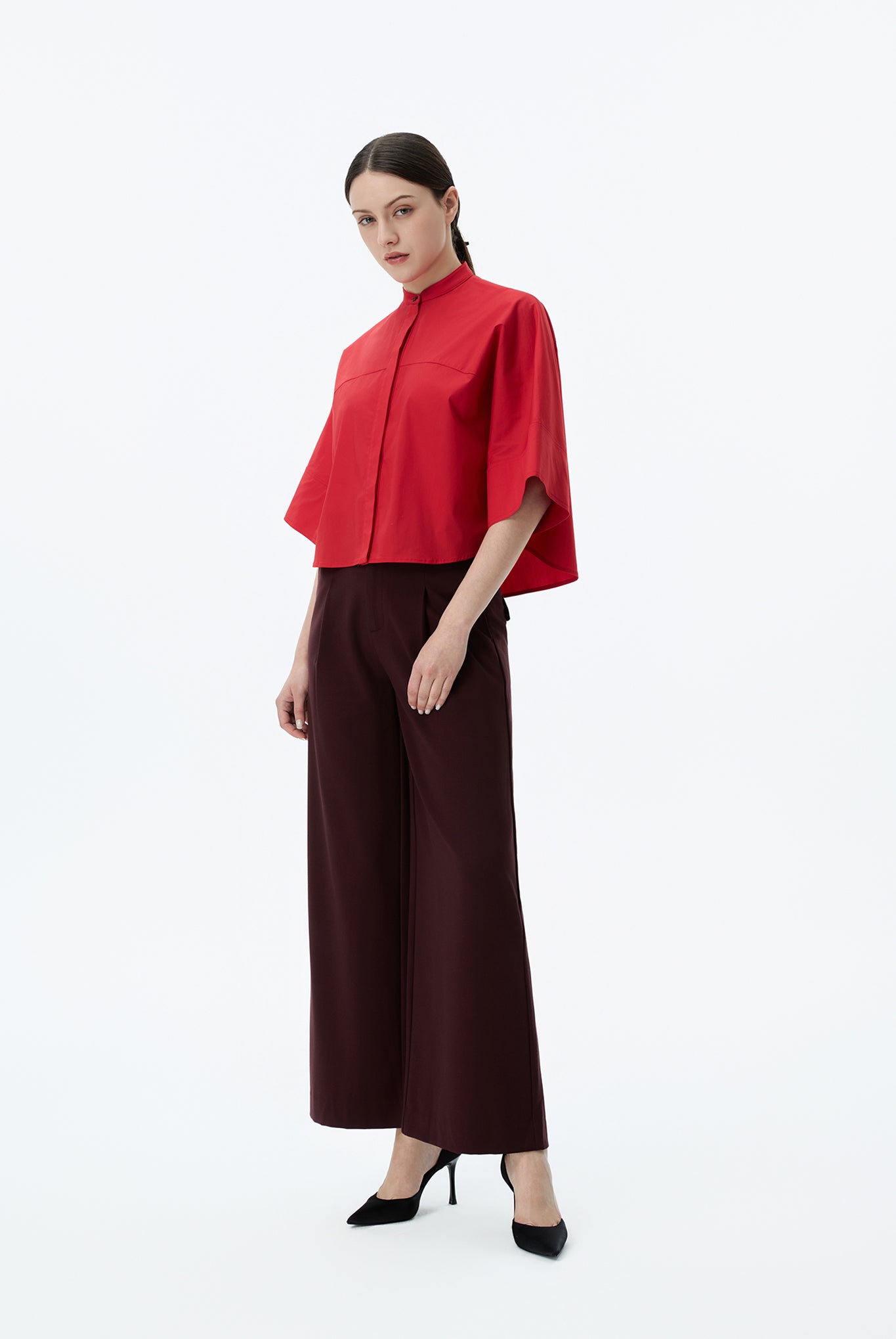 Wide-Sleeve Mandarin-Collar Shirt