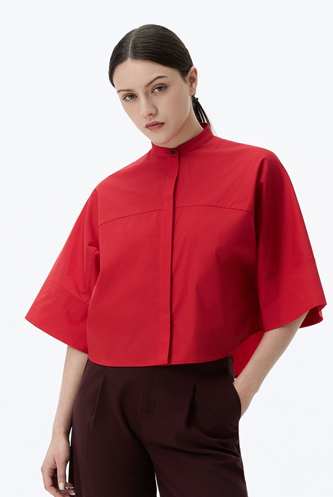 Wide-Sleeve Mandarin-Collar Shirt