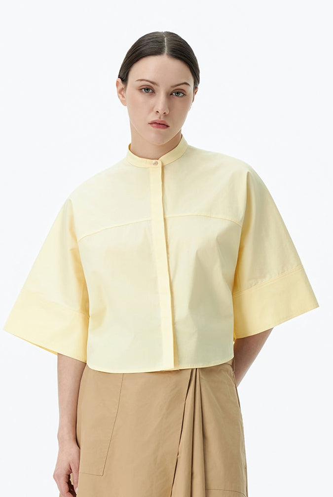 Wide-Sleeve Mandarin-Collar Shirt