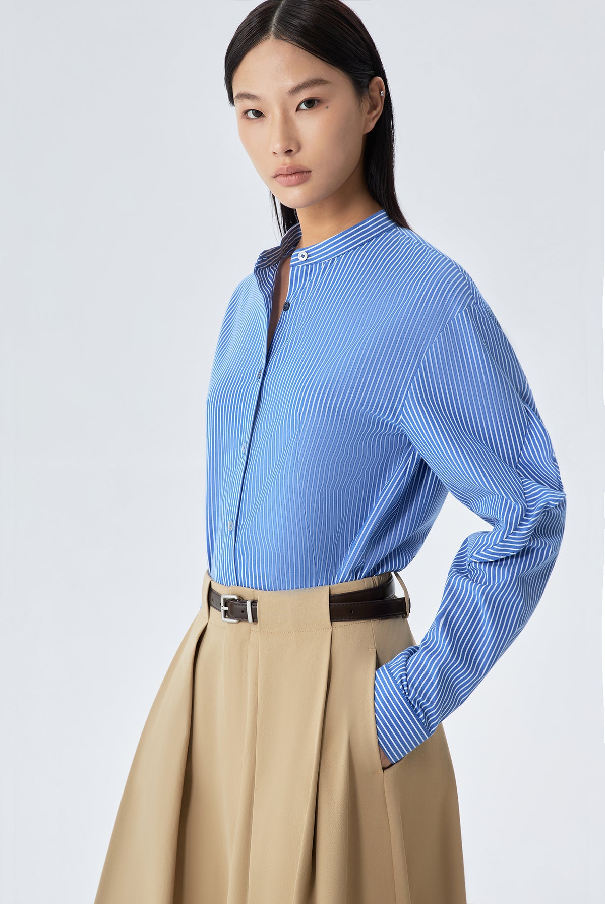 Bess Striped Open Front Flute Sleeve Shirt