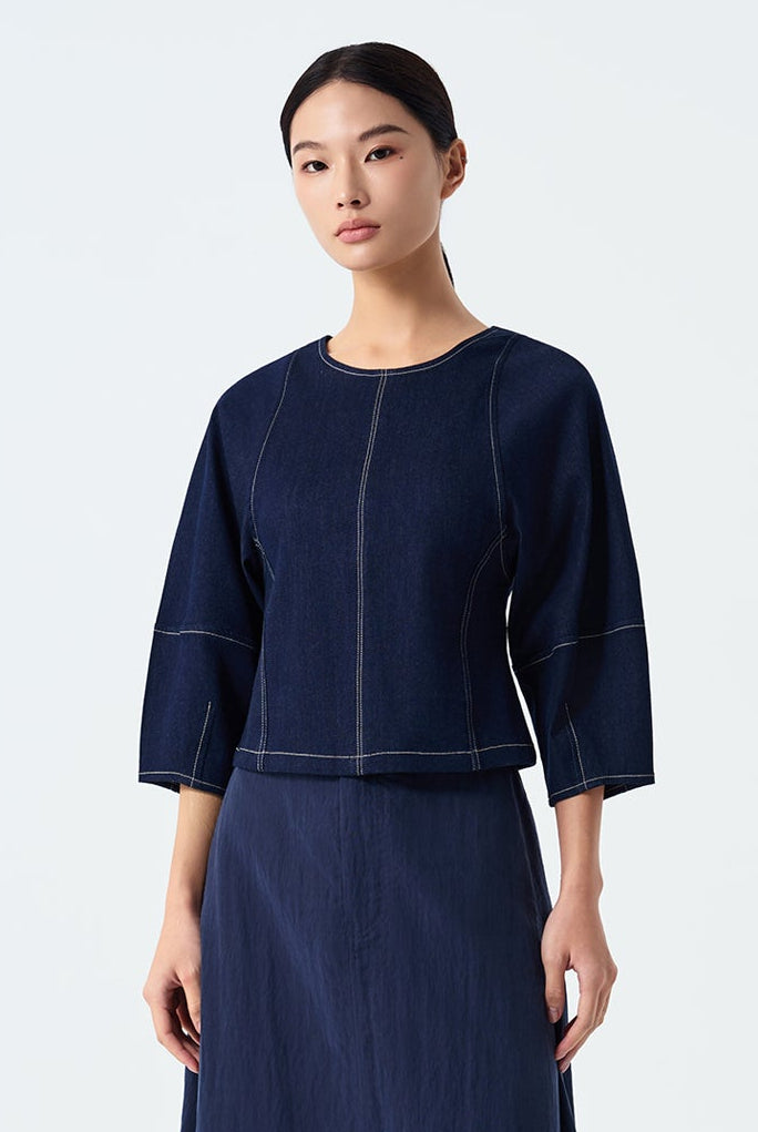 Mae Tirza Cropped Round Neck Denim Top