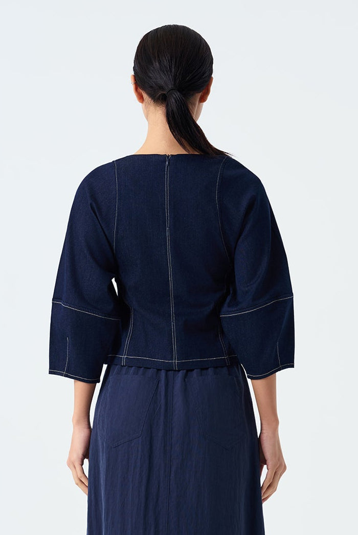 Mae Tirza Cropped Round Neck Denim Top