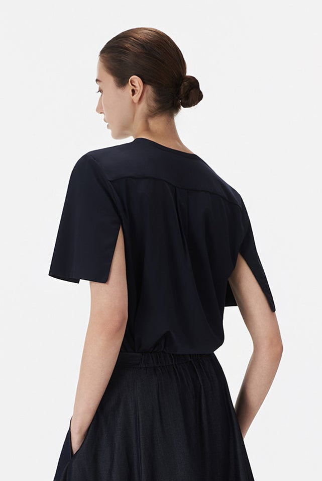 Collarless Shirt With Draped Sleeves