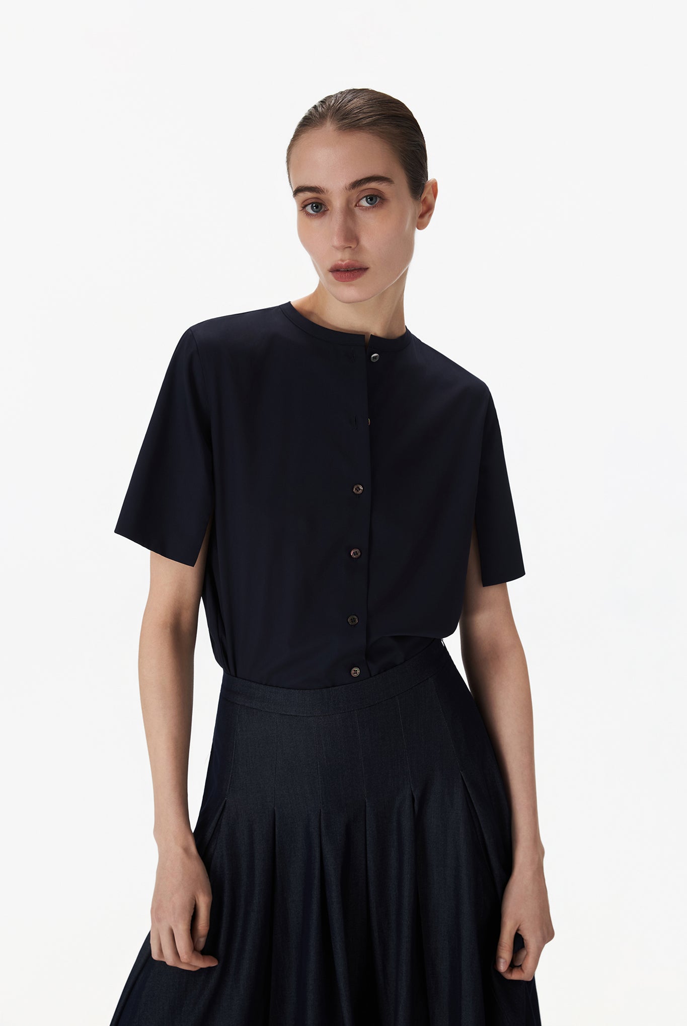 Collarless Shirt With Draped Sleeves