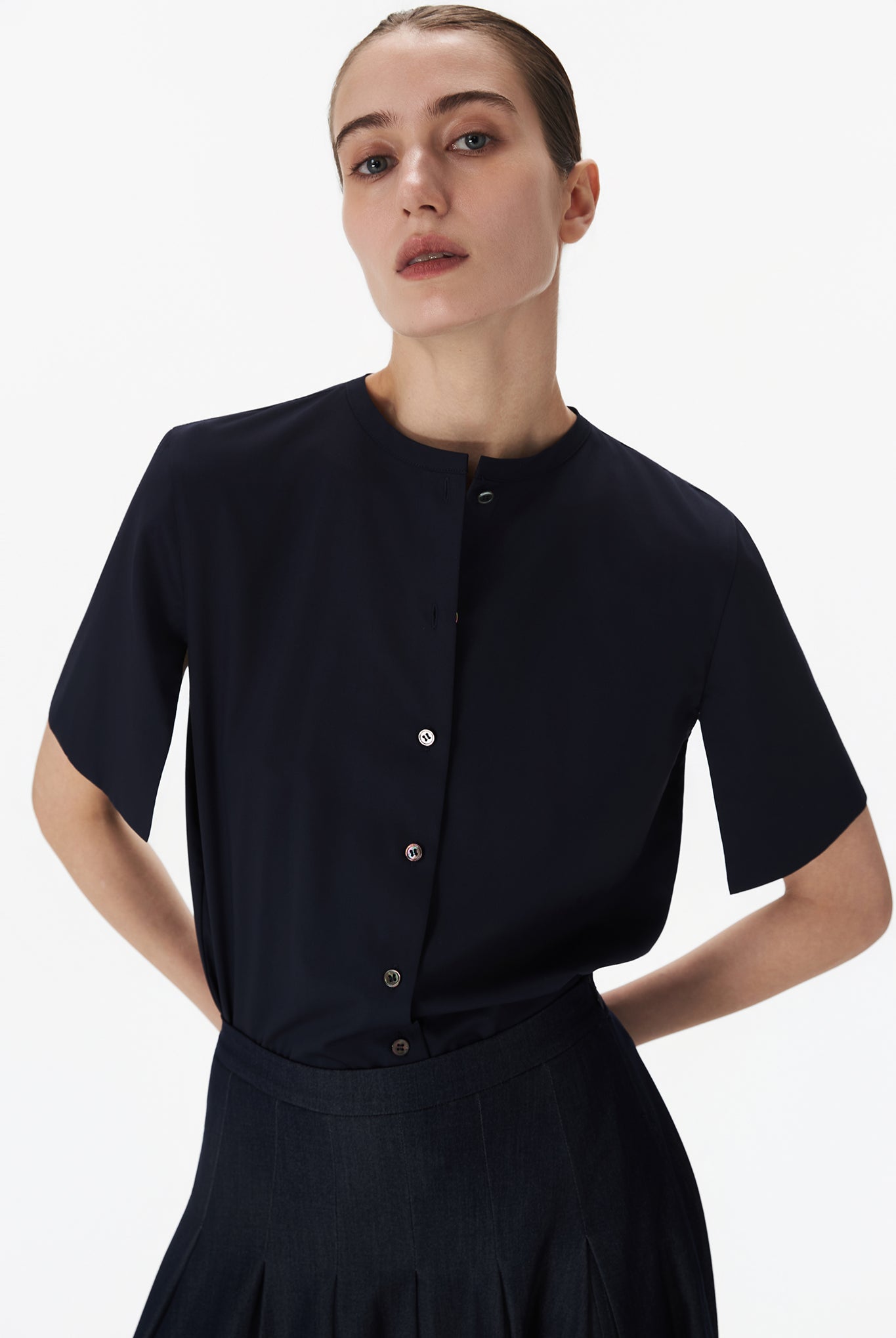 Collarless Shirt With Draped Sleeves