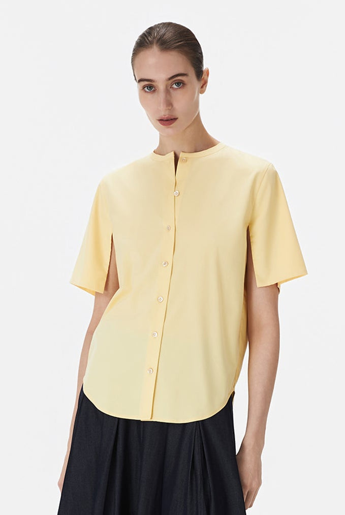 Collarless Shirt With Draped Sleeves