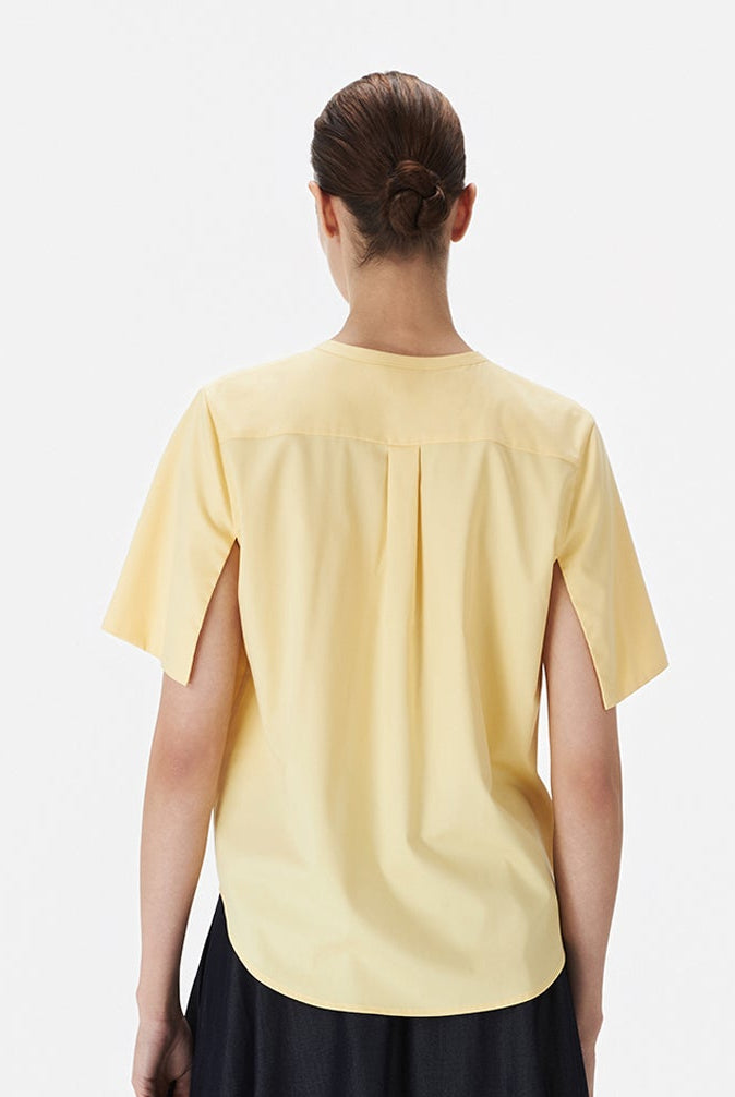 Collarless Shirt With Draped Sleeves