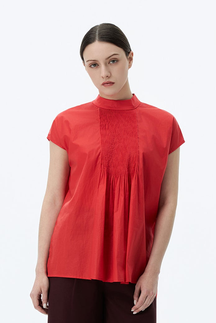 Boxy High Collar Top With Pintucks
