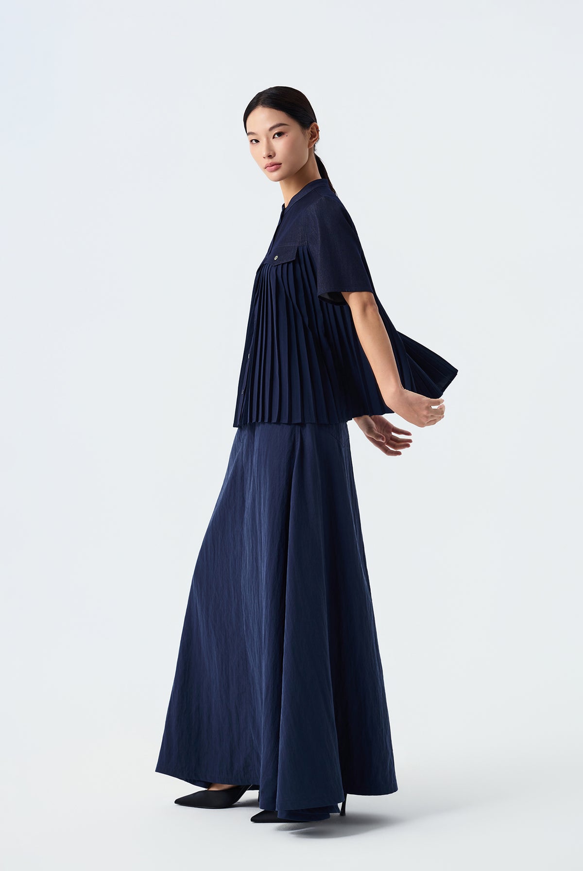 Molly Pleated Front-Button Blouse