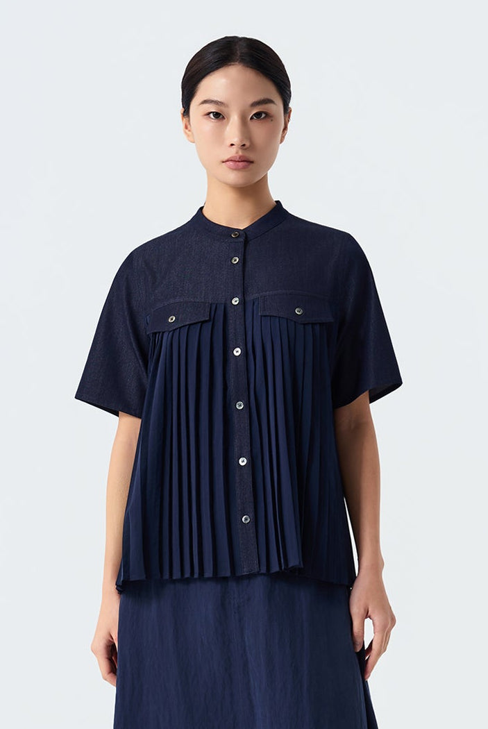 Molly Pleated Front-Button Blouse