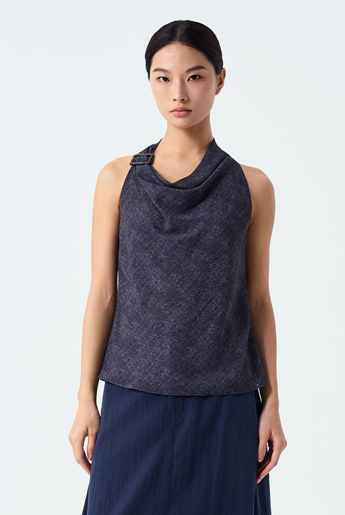Sophie Cowl Neck Denim Print Halter Top