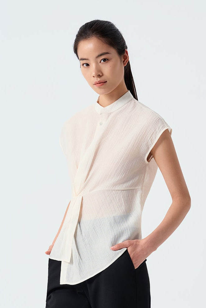 Olive Mandarin Collar Twist Top