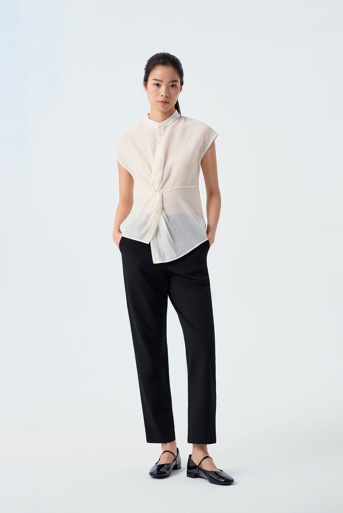 Olive Mandarin Collar Twist Top