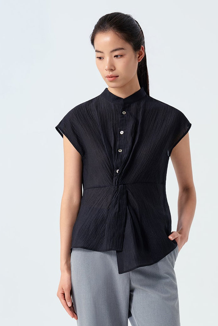 Olive Mandarin Collar Twist Top