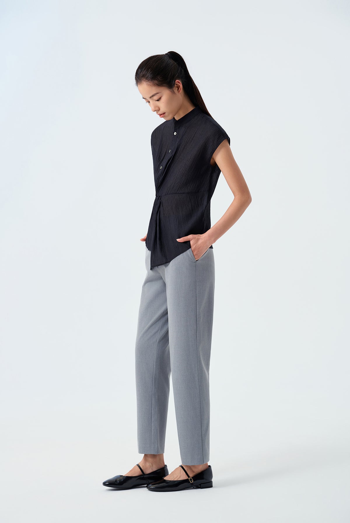 Olive Mandarin Collar Twist Top