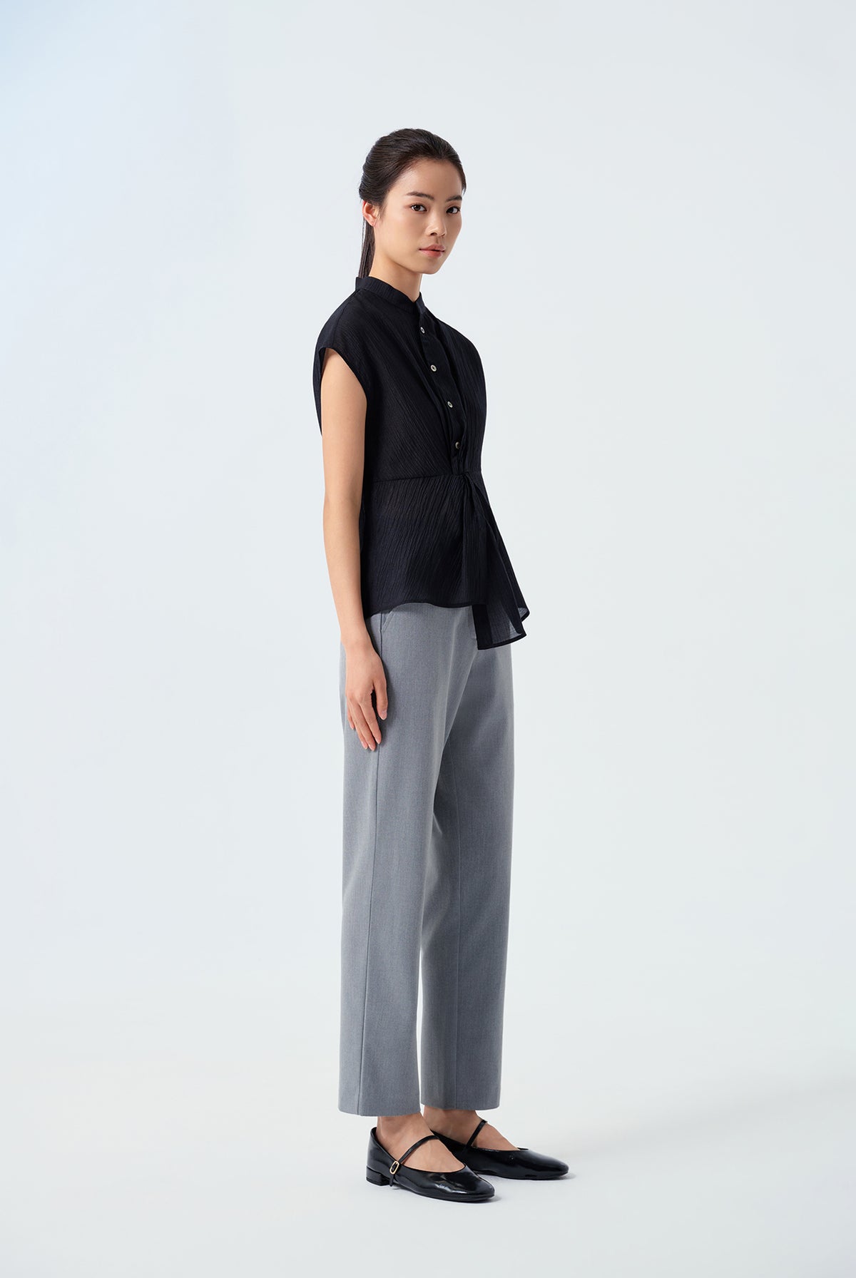 Olive Mandarin Collar Twist Top