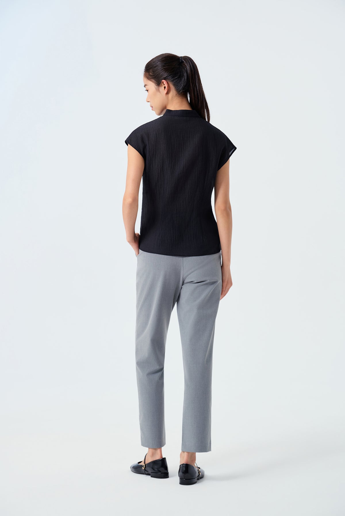 Olive Mandarin Collar Twist Top