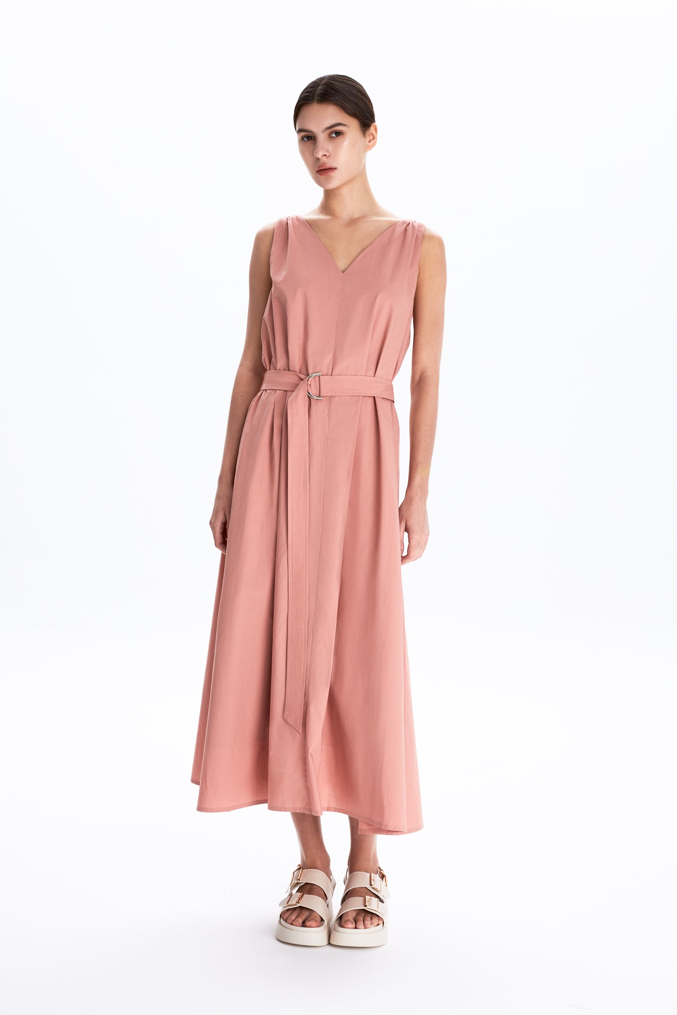 Deep V-neck Shift Dress With Self-fabric Belt