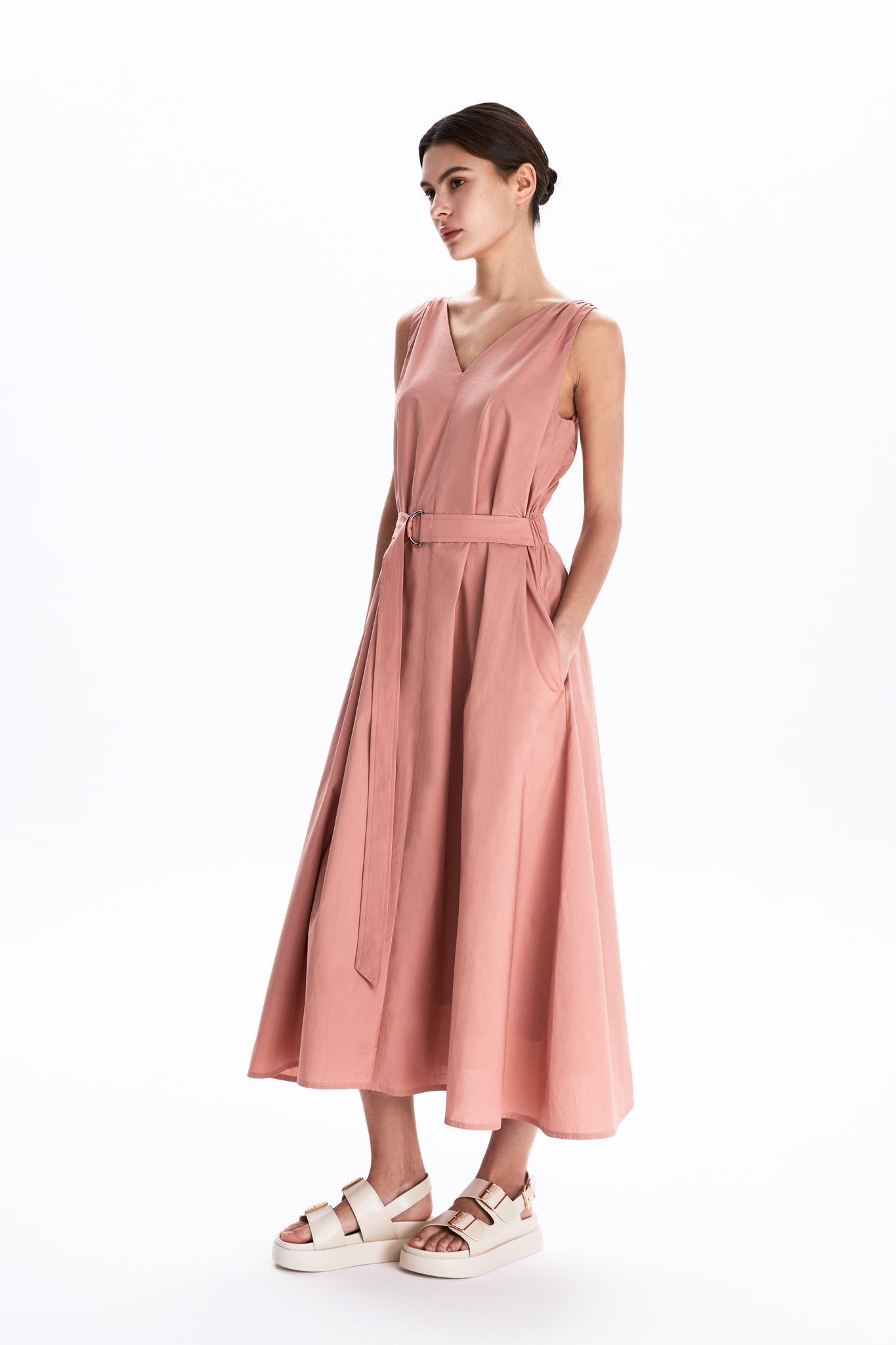 Deep V-neck Shift Dress With Self-fabric Belt