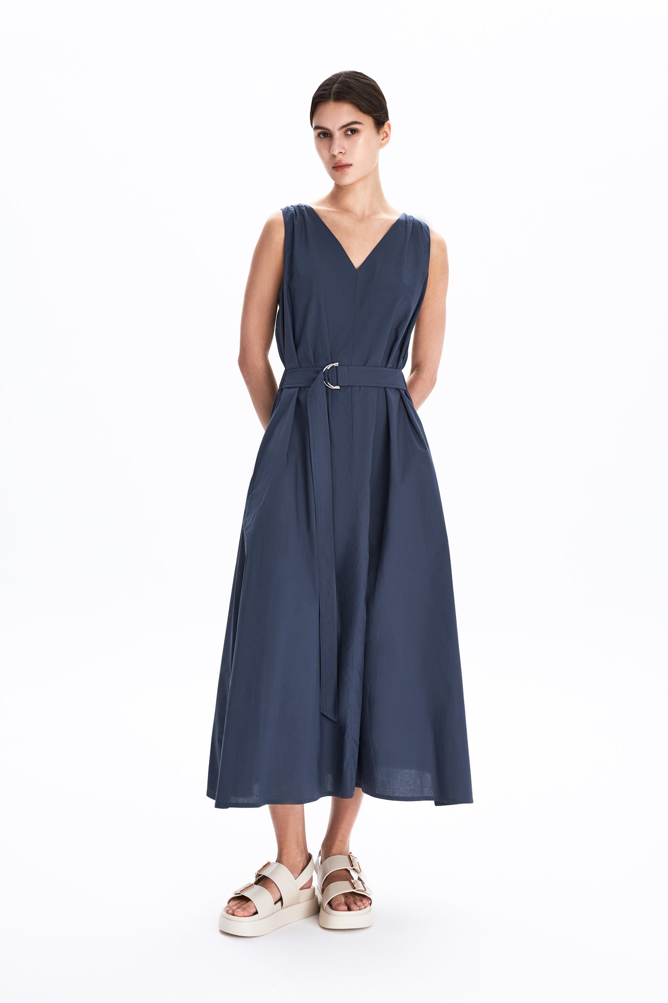Deep V-neck Shift Dress With Self-fabric Belt