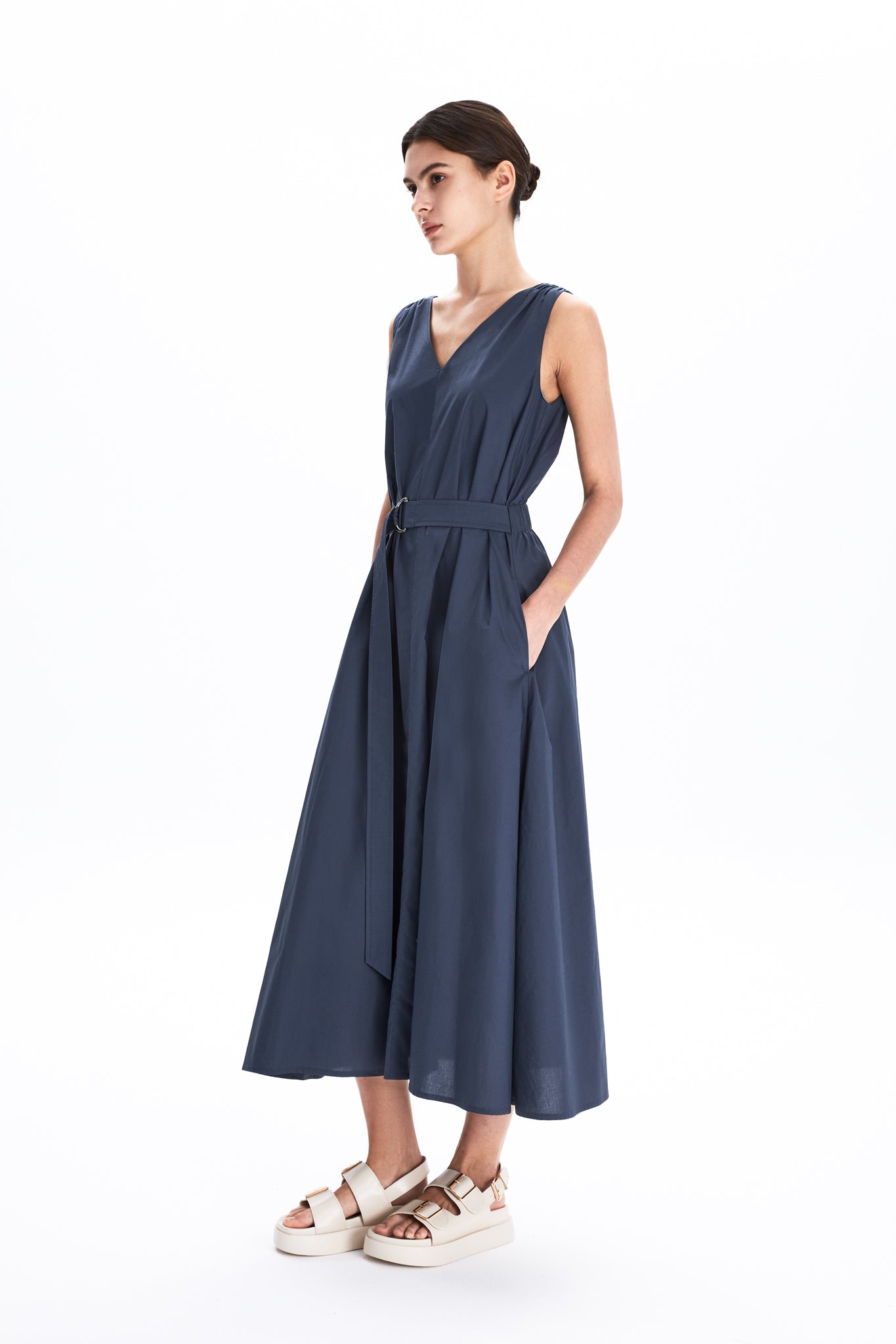 Deep V-neck Shift Dress With Self-fabric Belt