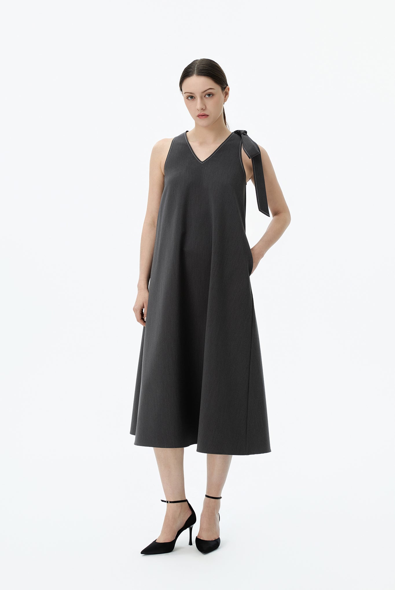 V-Neck Midi Dress With Shoulder-Tie
