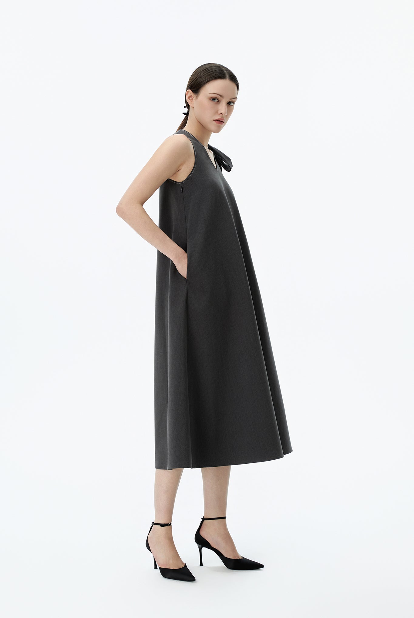 V-Neck Midi Dress With Shoulder-Tie