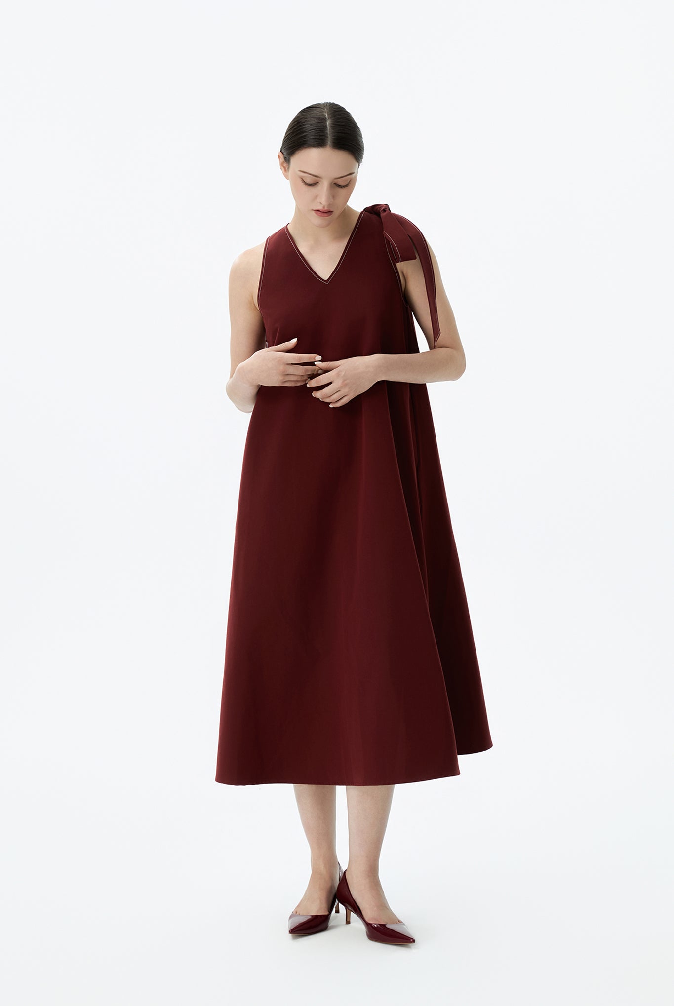 V-Neck Midi Dress With Shoulder-Tie