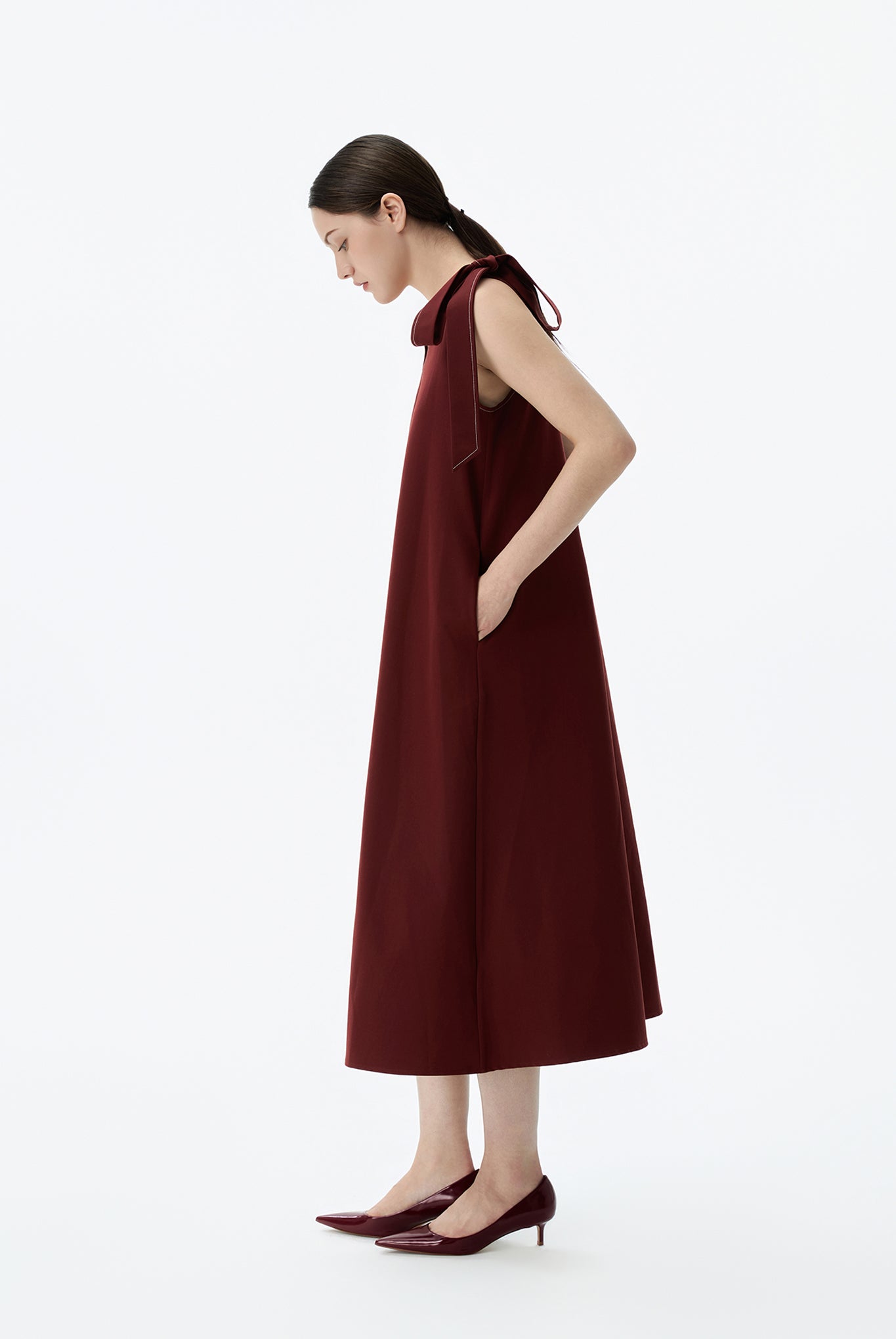 V-Neck Midi Dress With Shoulder-Tie