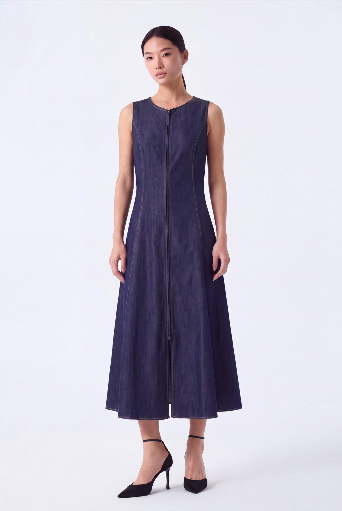 Noelle Front-Zip A-Line Midi Dress