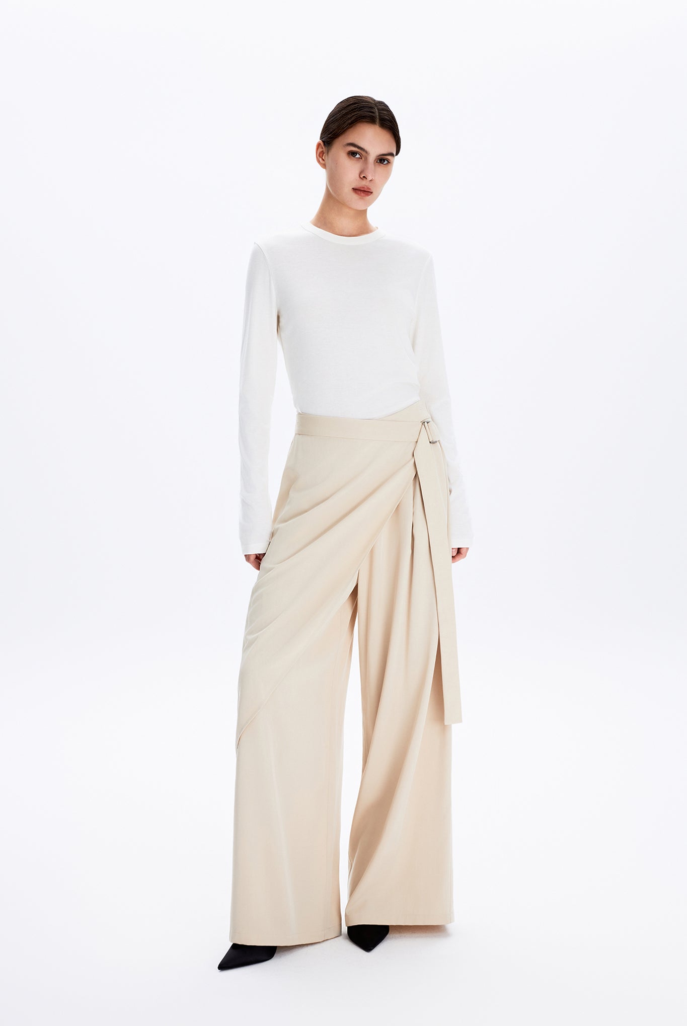 Wide Leg Front Wrap Trousers With Double D Ring