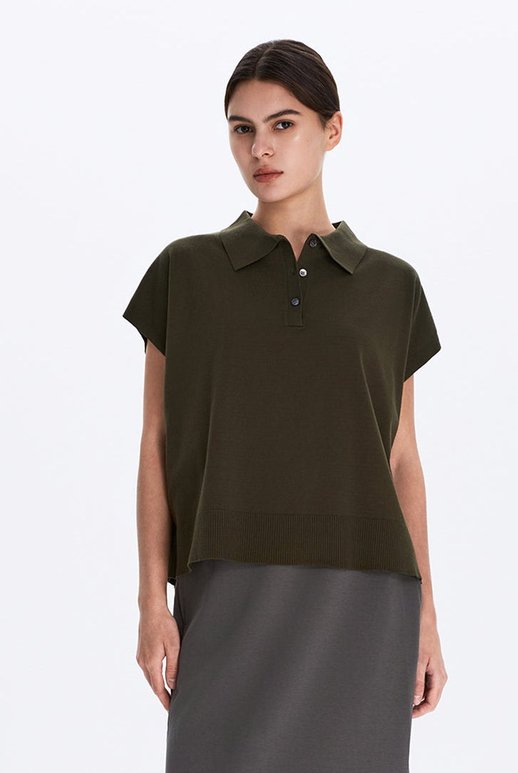 Boxy Sweater Knit Polo Top