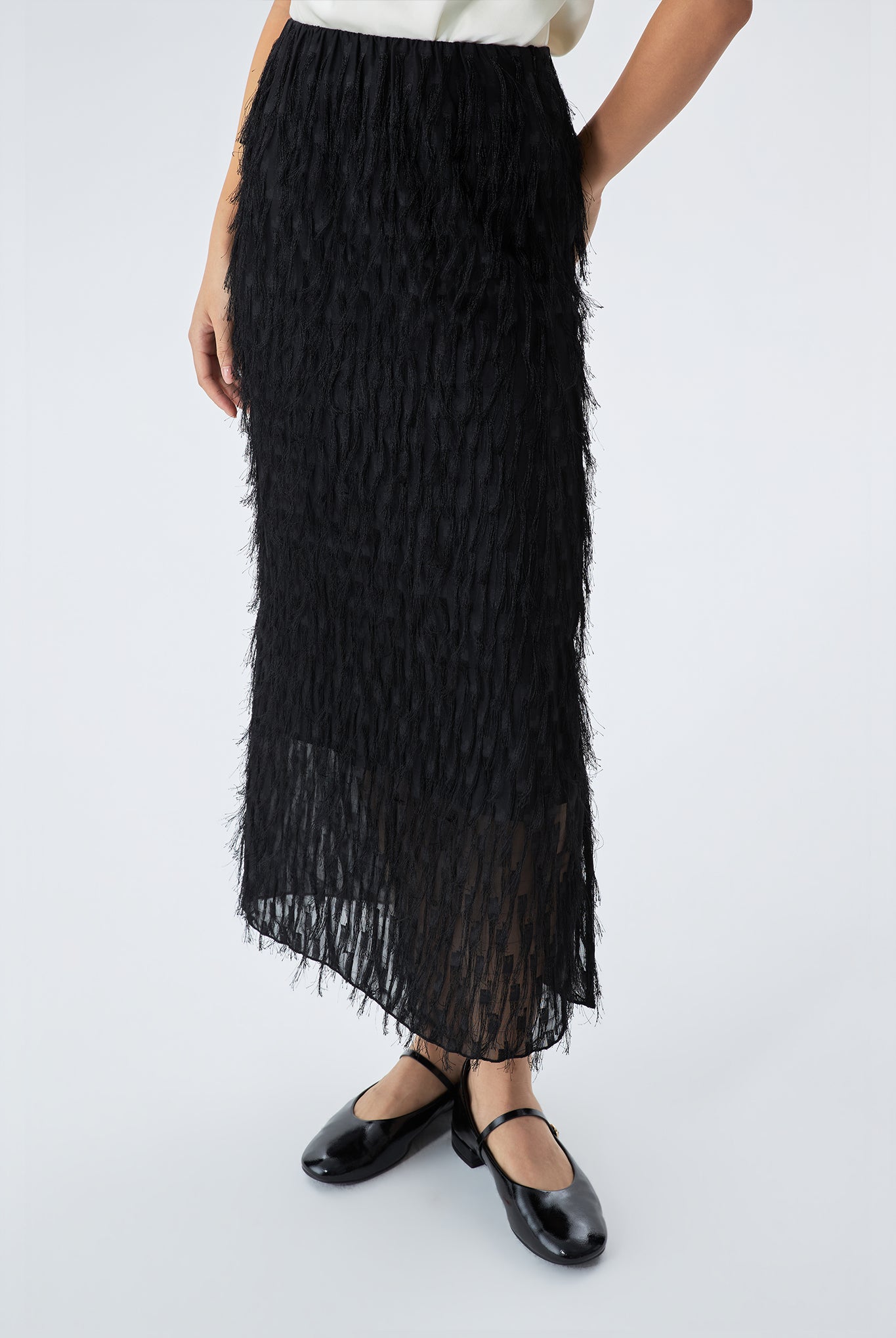 Kimmy Fringe Textured Midi Skirt
