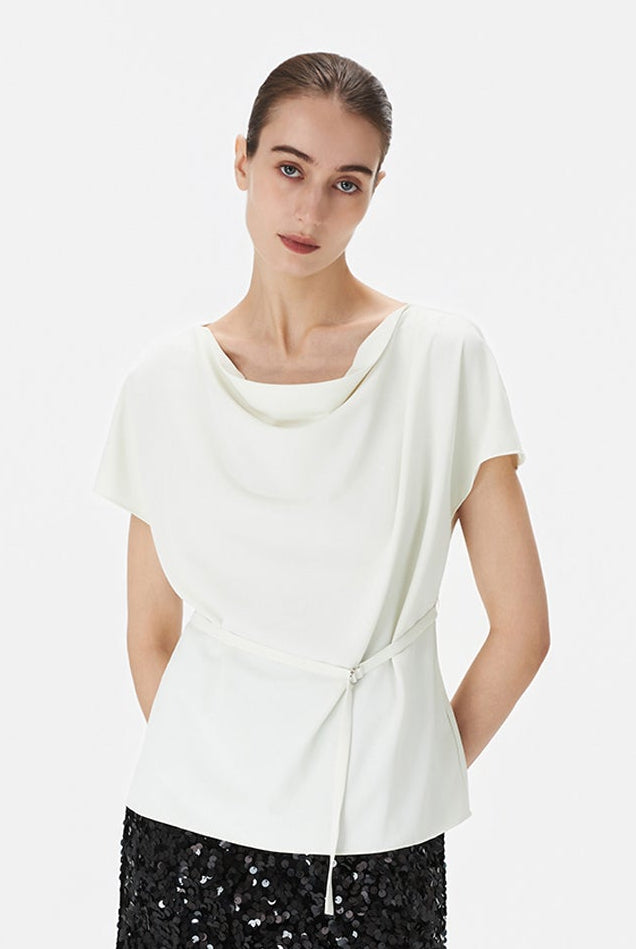 Boat Neck Blouse with Self-Tie