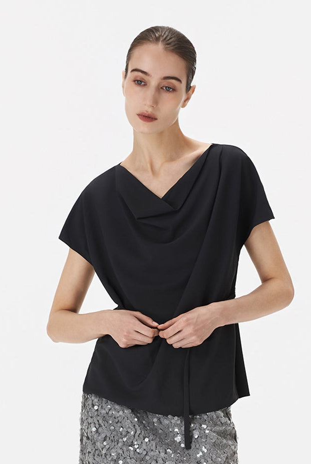 Boat Neck Blouse with Self-Tie