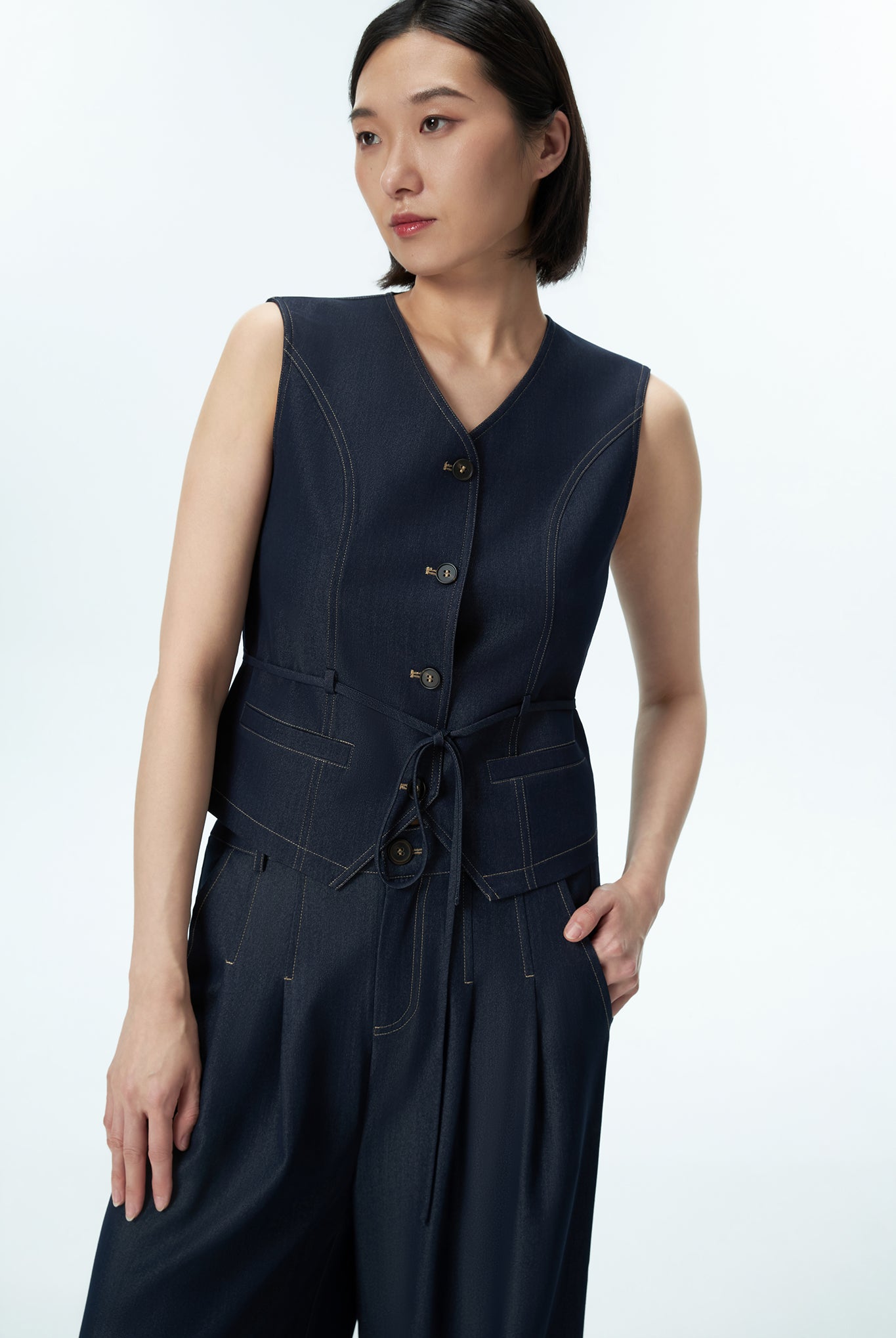 Denim Waistcoat with Self-Tie