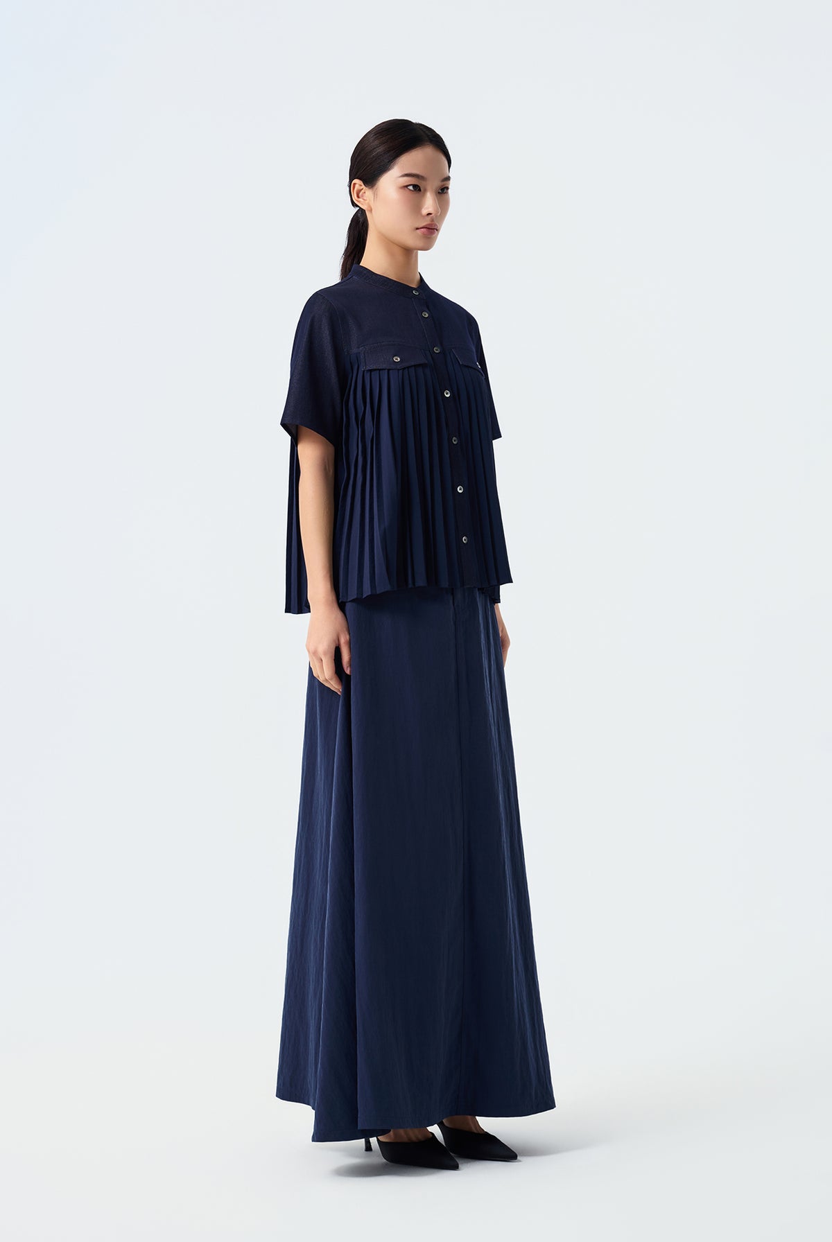 Molly Pleated Front-Button Blouse